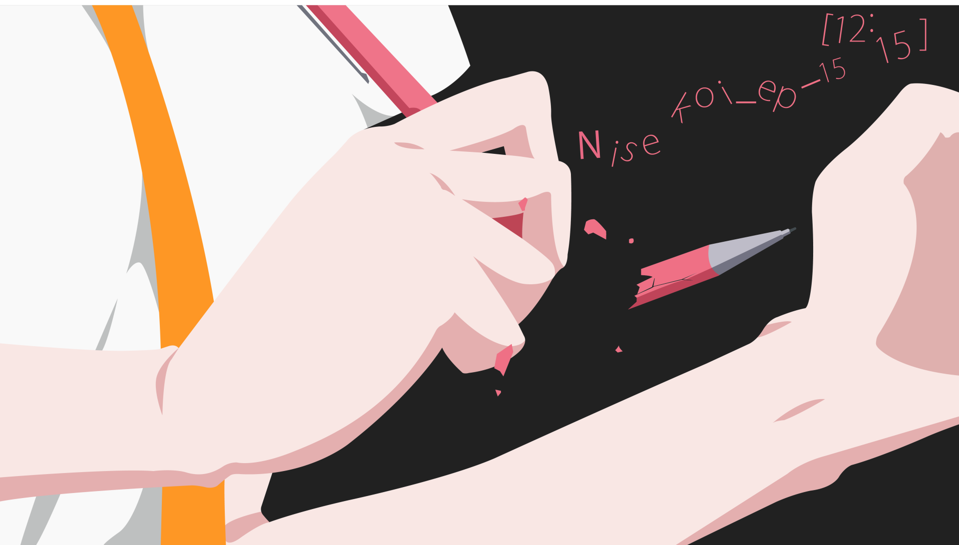 Close-up of hands drawing and erasing on black paper, styled as an anime scene from Nisekoi, presented in sharp 4K Ultra HD quality for PC desktop wallpaper.