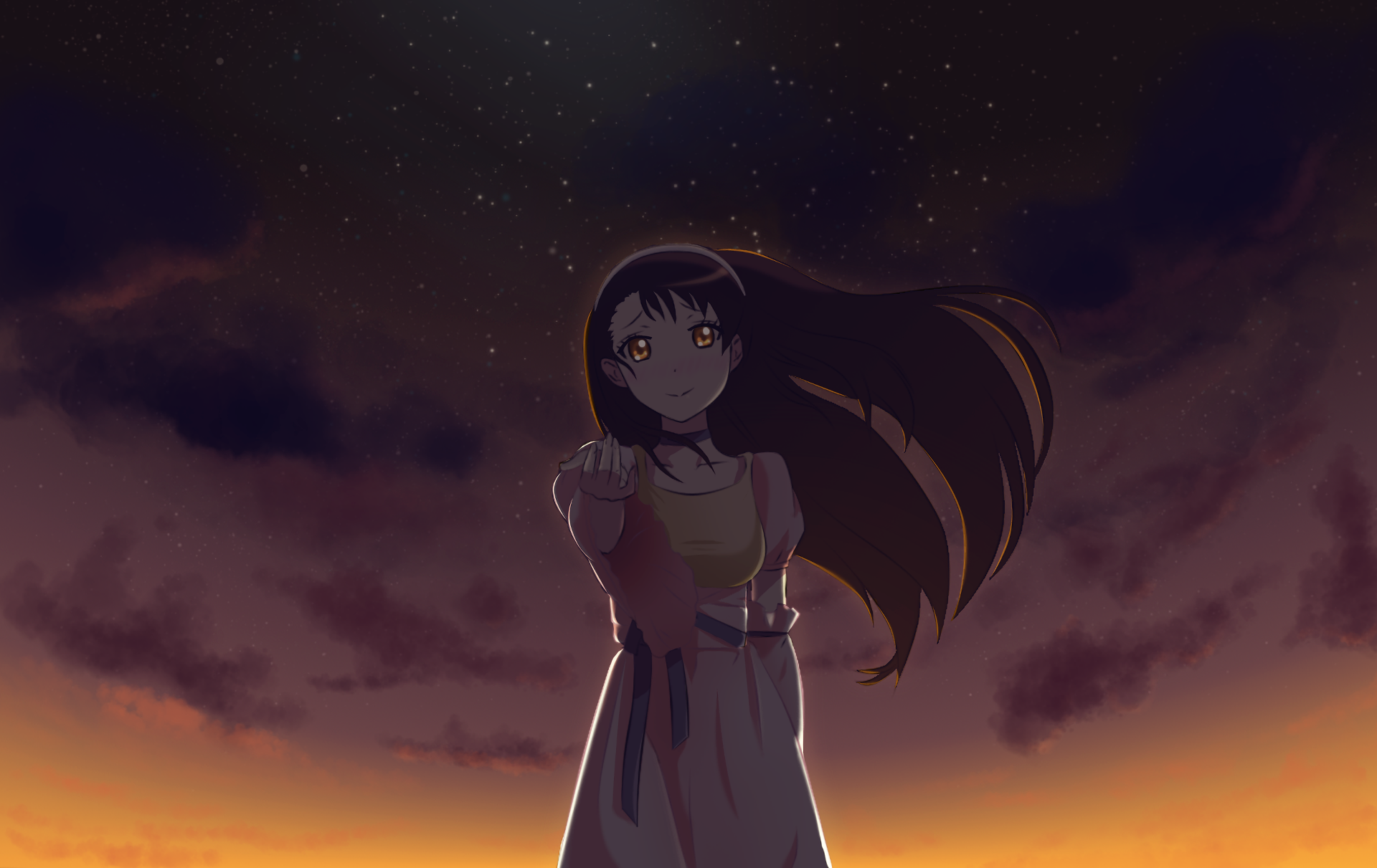 Kosaki Onodera from Nisekoi stands against a twilight sky, her hair flowing gently, captured in this HD anime desktop wallpaper.
