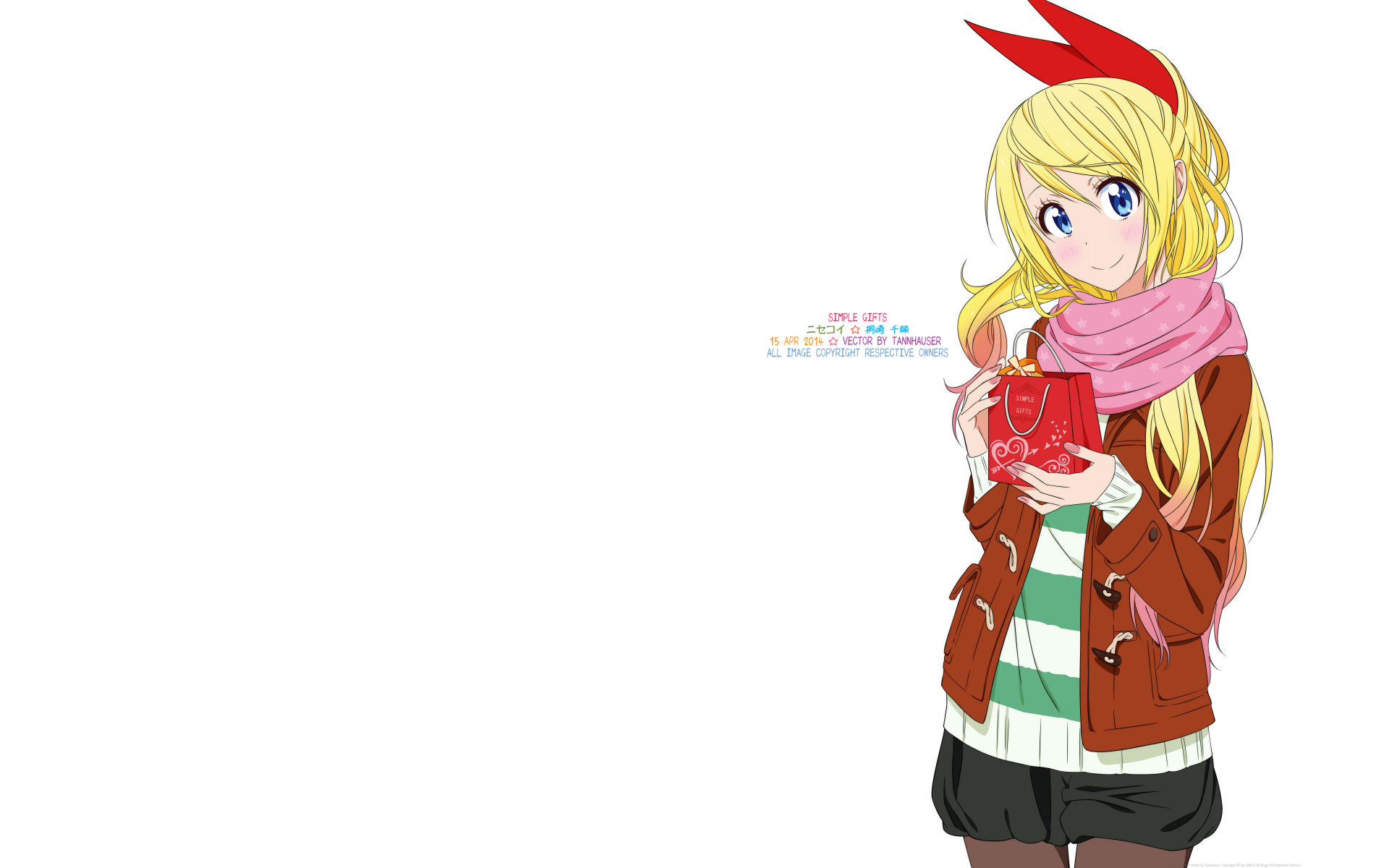 Chitoge Kirisaki (Nisekoi) anime girl in a winter coat and pink scarf holding a red gift — 5K Ultra HD PC desktop wallpaper/background.