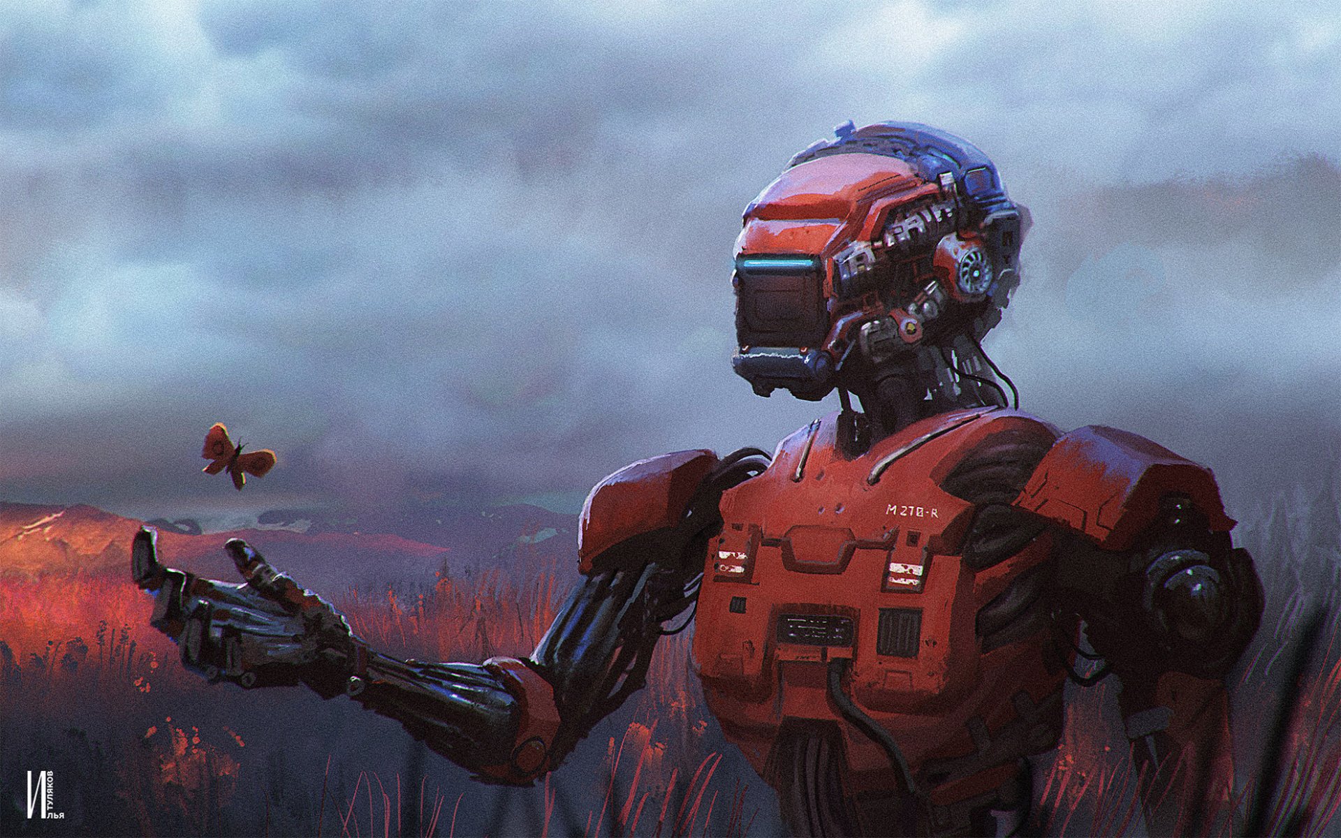 HD Sci-Fi wallpaper featuring a red robot extending its hand to a butterfly against a moody, cloud-filled sky.