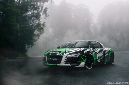 A HD desktop wallpaper featuring a stylish, personalized Audi R8 on a misty road, surrounded by trees. The car is highlighted with green and black decals.