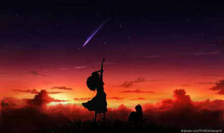An HD anime-themed desktop wallpaper featuring a silhouette of a girl and a cat against a sunset sky, with a shooting star and clouds in the background.
