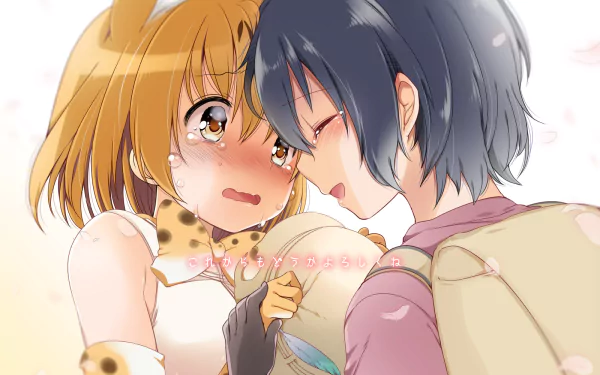 Close-up of Kaban and Serval from Kemono Friends — tearful Serval comforted by Kaban; soft anime HD PC desktop wallpaper/background.