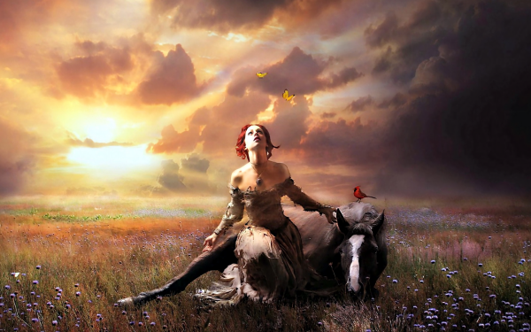 Fantasy Women Field Cloud Horse Cardinal HD Wallpaper | Background Image