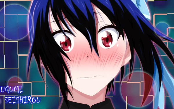 HD PC desktop wallpaper of Seishirou Tsugumi from Nisekoi — close-up anime portrait with flushed cheeks, red eyes, dark hair and blue ribbons against a colorful geometric background