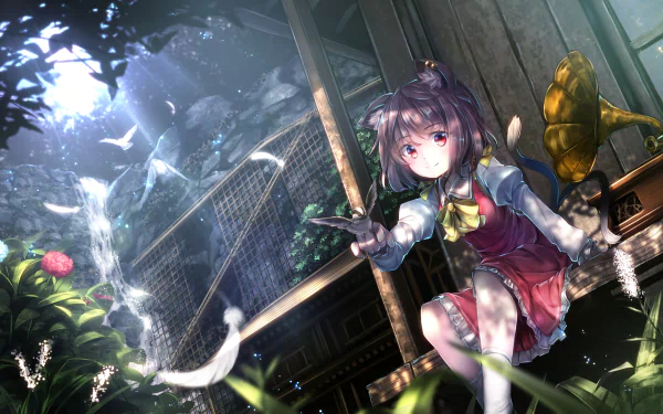An HD anime wallpaper featuring Chen from Touhou. She stands amidst lush greenery in a beautifully detailed outdoor setting with sunlight filtering through the trees.