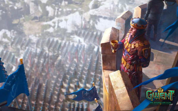 HD PC desktop wallpaper from the video game Gwent: The Witcher Card Game, featuring a richly detailed scene of a warrior overlooking a vast army below.