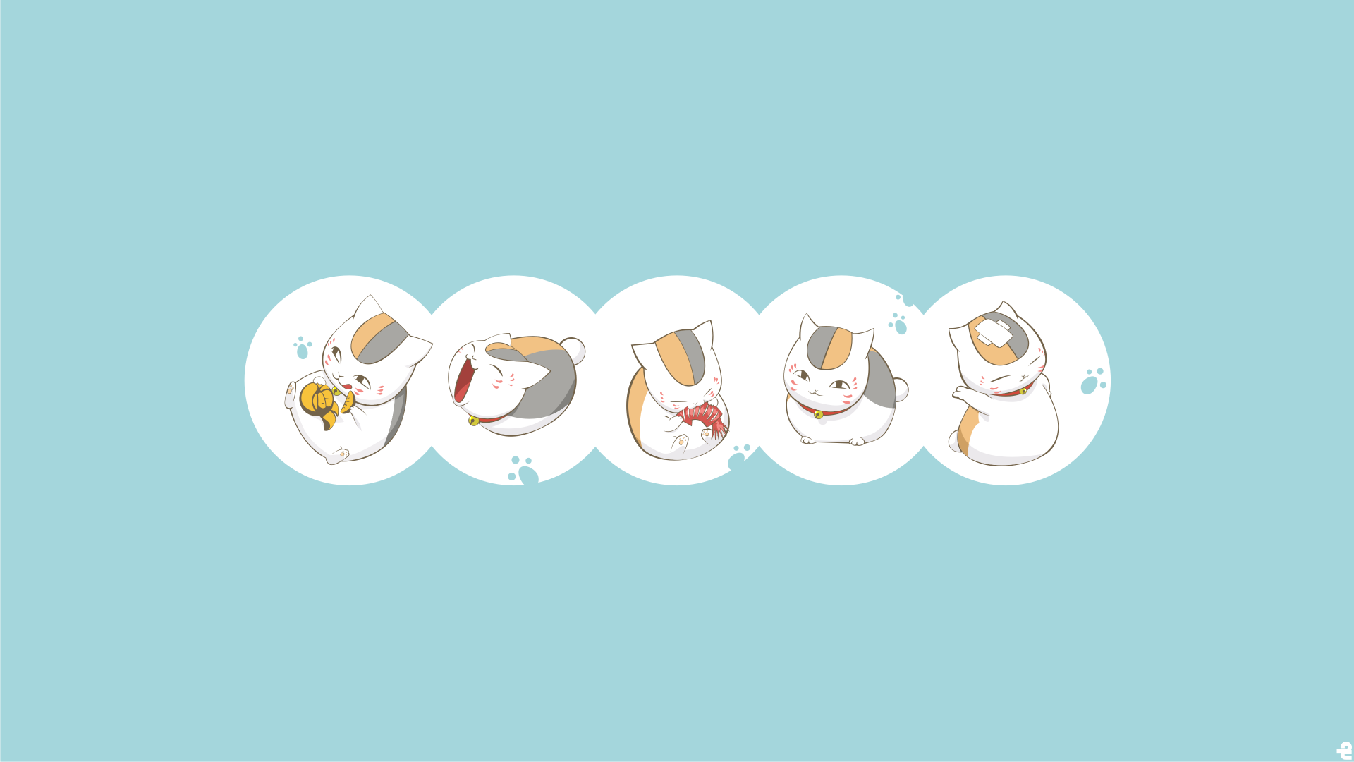 HD desktop wallpaper featuring Madara from the anime Natsume Yuujinchou in various adorable poses on a light blue background.