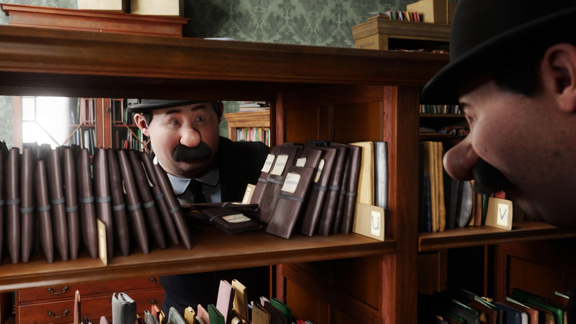 HD PC desktop wallpaper from the movie The Adventures of Tintin, featuring a character peeking through a cluttered office bookshelf.