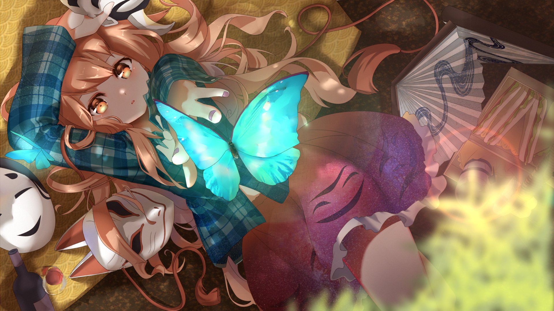 Hata no Kokoro (Touhou) lying among masks, a glowing blue butterfly on her chest; anime HD PC desktop wallpaper and background with warm browns and teal highlights.
