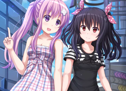 HD PC desktop wallpaper featuring Uni and Nepgear from the video game Hyperdimension Neptunia standing together in a vibrant, futuristic setting.