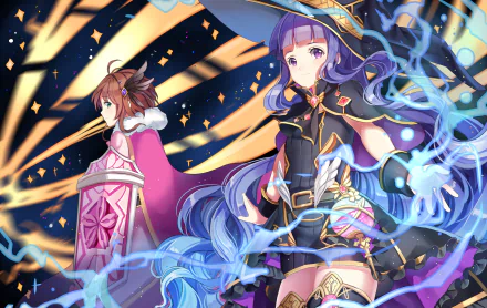 HD PC desktop wallpaper featuring anime characters Tomoyo Daidouji and Sakura Kinomoto from Cardcaptor Sakura, set against a dynamic, starry background with magical effects.