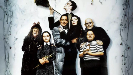 HD PC desktop wallpaper featuring the main cast of the 1991 movie The Addams Family posing together against a plain background.