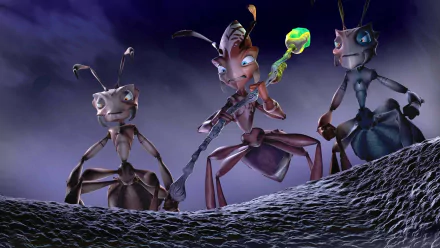 HD PC desktop wallpaper from the movie The Ant Bully: three animated ants on a rocky ridge beneath a moody purple sky, one holding a glowing green staff.