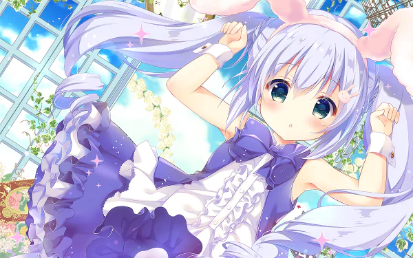HD desktop wallpaper featuring Chino Kafū from the anime Is the Order a Rabbit, showcasing her in a vibrant, whimsical setting.