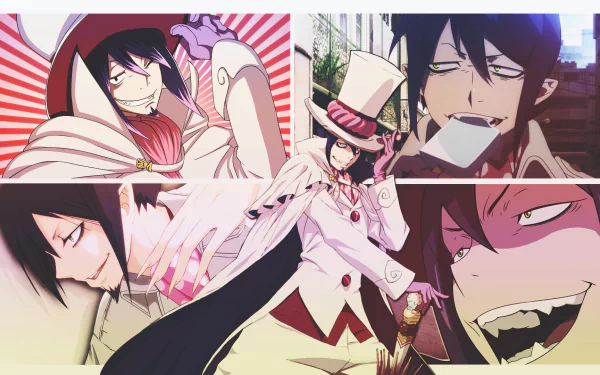 HD PC desktop wallpaper featuring multiple vibrant images of Mephisto Pheles from the anime Blue Exorcist, showcasing his playful and mysterious expressions.