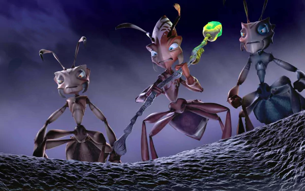 HD PC desktop wallpaper from the movie The Ant Bully: three animated ants on a rocky ridge beneath a moody purple sky, one holding a glowing green staff.