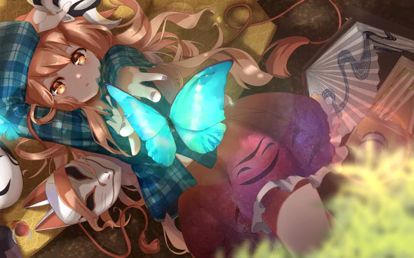 Hata no Kokoro (Touhou) lying among masks, a glowing blue butterfly on her chest; anime HD PC desktop wallpaper and background with warm browns and teal highlights.
