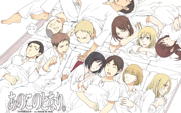 HD anime desktop wallpaper featuring Attack on Titan characters Ymir, Reiner Braun, Marco Bott, Jean Kirstein, Historia Reiss, Connie Springer, Bertholdt Hoover, Annie Leonhart, Mikasa Ackerman, Eren Yeager, Armin Arlert, and Sasha Blouse.