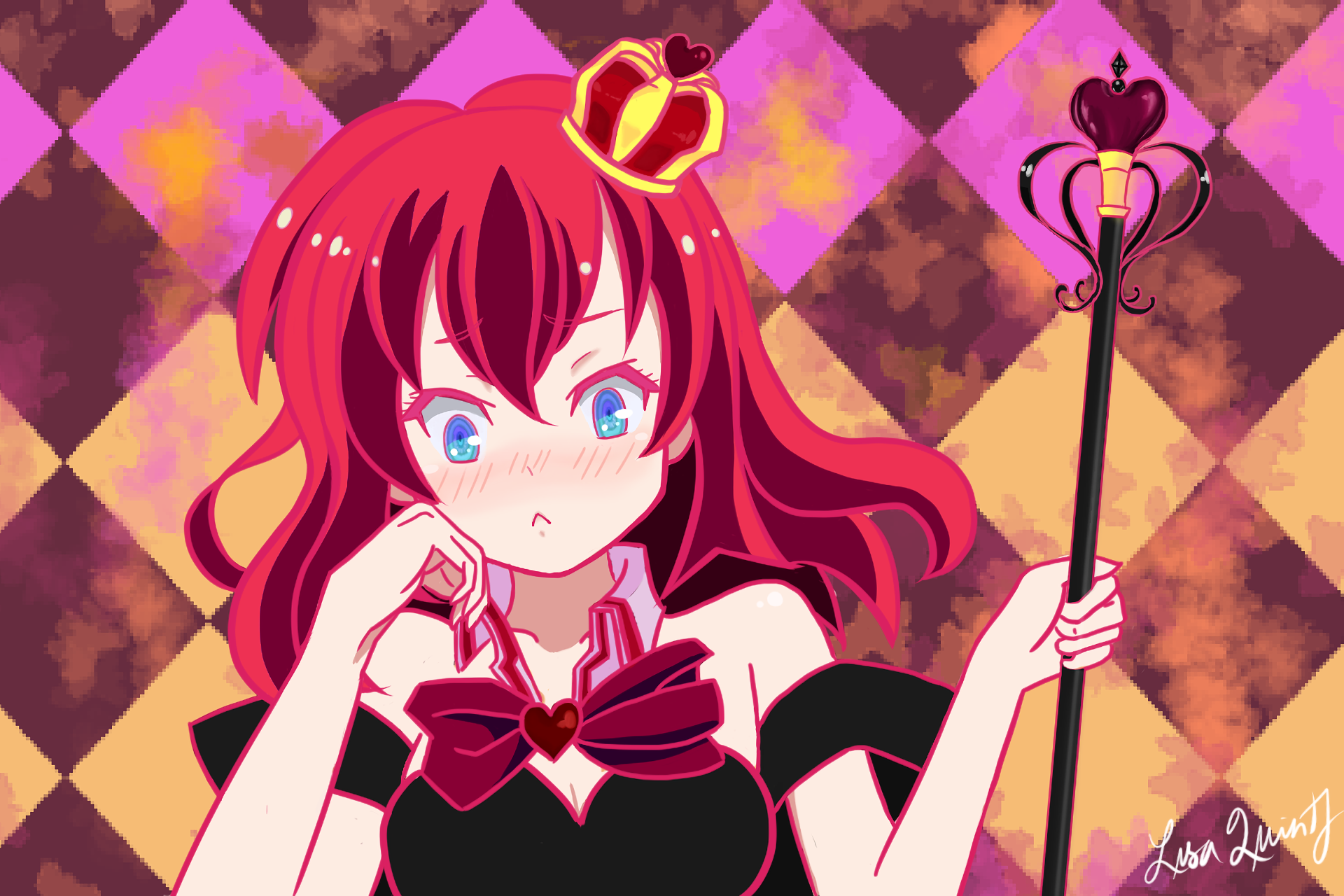 HD anime wallpaper featuring Stephanie Dola from No Game No Life, with vibrant red hair, a crown, and a scepter against a checkered background.