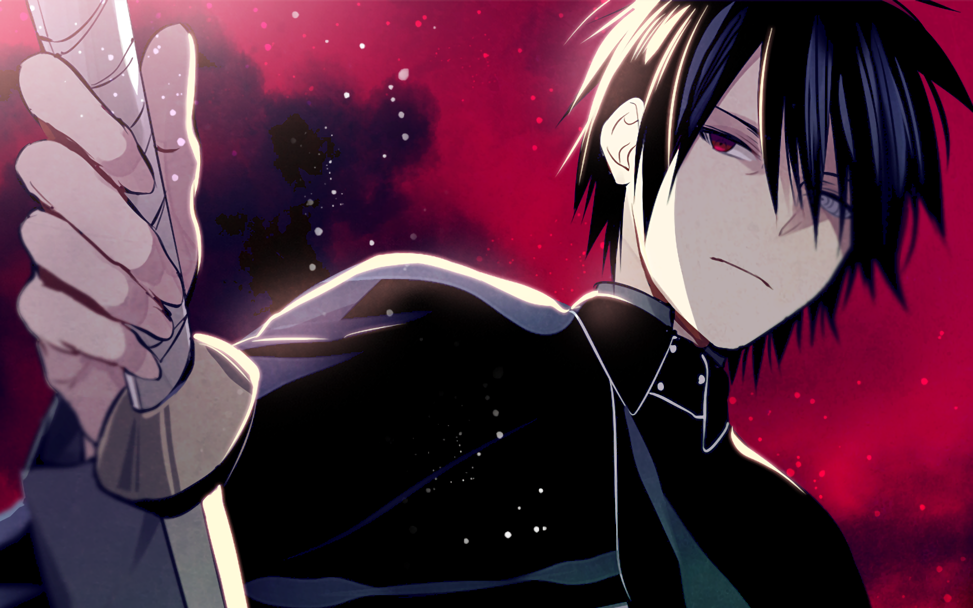 HD desktop wallpaper of Sasuke Uchiha from the anime Boruto, featuring him holding a sword with a dark, intense background of red hues and stars.