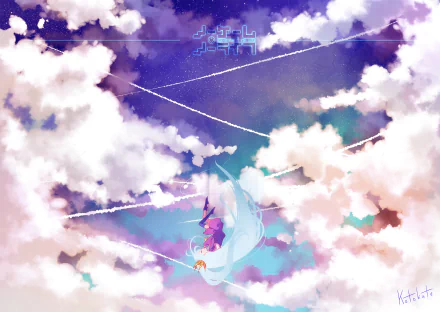 HD anime desktop wallpaper featuring Shiro from No Game No Life, set against a vibrant sky with fluffy clouds and dynamic light trails.