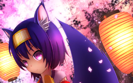 HD anime desktop wallpaper featuring Izuna Hatsuse from No Game No Life, with vibrant cherry blossoms and glowing lanterns in the background.