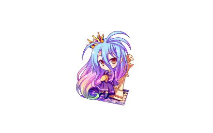 Chibi-style Shiro from No Game No Life with pastel rainbow hair and a crown, depicted in an anime art style HD desktop wallpaper and background.