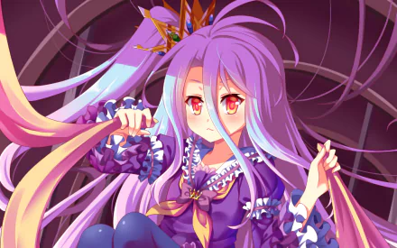 HD anime desktop wallpaper featuring Shiro from No Game No Life with her long purple hair and red eyes against a dynamic background.