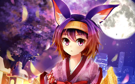 HD anime desktop wallpaper featuring Izuna Hatsuse from No Game No Life, set against a vibrant night cityscape with a full moon and cherry blossoms.