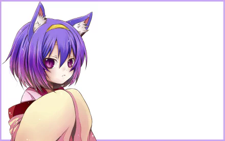 HD PC desktop wallpaper of Izuna Hatsuse from No Game No Life: purple‑haired, fox‑eared anime girl glancing over her shoulder on a white background with a thin purple border.