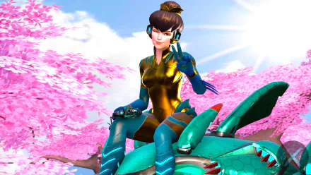 D.Va from Overwatch in a vibrant 4K Ultra HD video game wallpaper, posing amidst pink cherry blossoms on her mech under a bright blue sky.