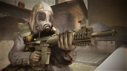 HD desktop wallpaper featuring a masked soldier with a rifle from the video game Counter-Strike: Global Offensive, set against a detailed urban backdrop.