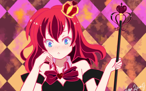 HD anime wallpaper featuring Stephanie Dola from No Game No Life, with vibrant red hair, a crown, and a scepter against a checkered background.