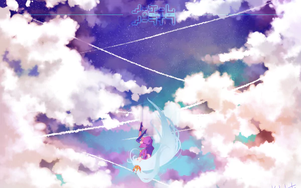 HD anime desktop wallpaper featuring Shiro from No Game No Life, set against a vibrant sky with fluffy clouds and dynamic light trails.