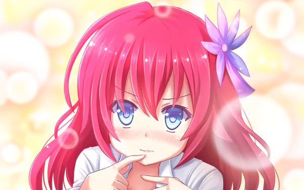 HD anime desktop wallpaper featuring Stephanie Dola from No Game No Life with bright pink hair, blue eyes, and a purple flower in her hair against a soft glowing background.