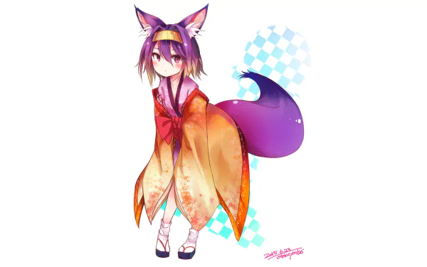 HD desktop wallpaper featuring Izuna Hatsuse from the anime No Game No Life, showcasing her in a vibrant kimono with fox ears and a bushy tail, set against a checkered background.