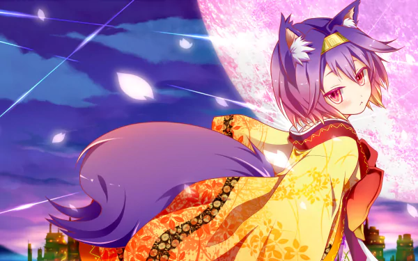 Anime-style HD desktop wallpaper featuring Izuna Hatsuse from No Game No Life against a vibrant night sky with a large glowing moon.