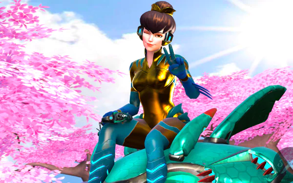 D.Va from Overwatch in a vibrant 4K Ultra HD video game wallpaper, posing amidst pink cherry blossoms on her mech under a bright blue sky.