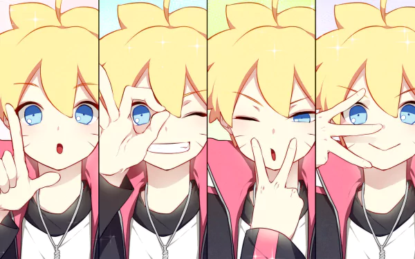 HD wallpaper of Boruto Uzumaki from the anime Boruto, featuring him in a series of playful expressions.
