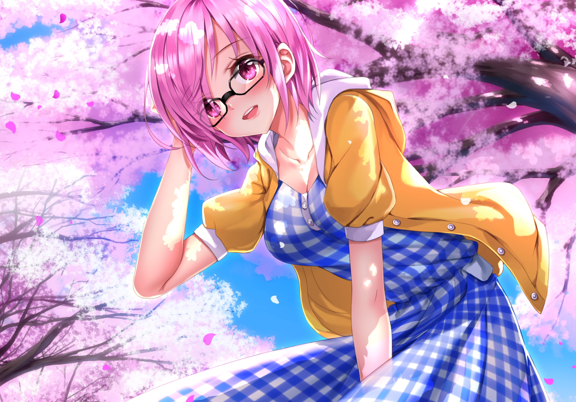 Anime-style HD desktop wallpaper featuring Shielder from Fate/Grand Order amidst blooming cherry blossoms and a bright blue sky background.