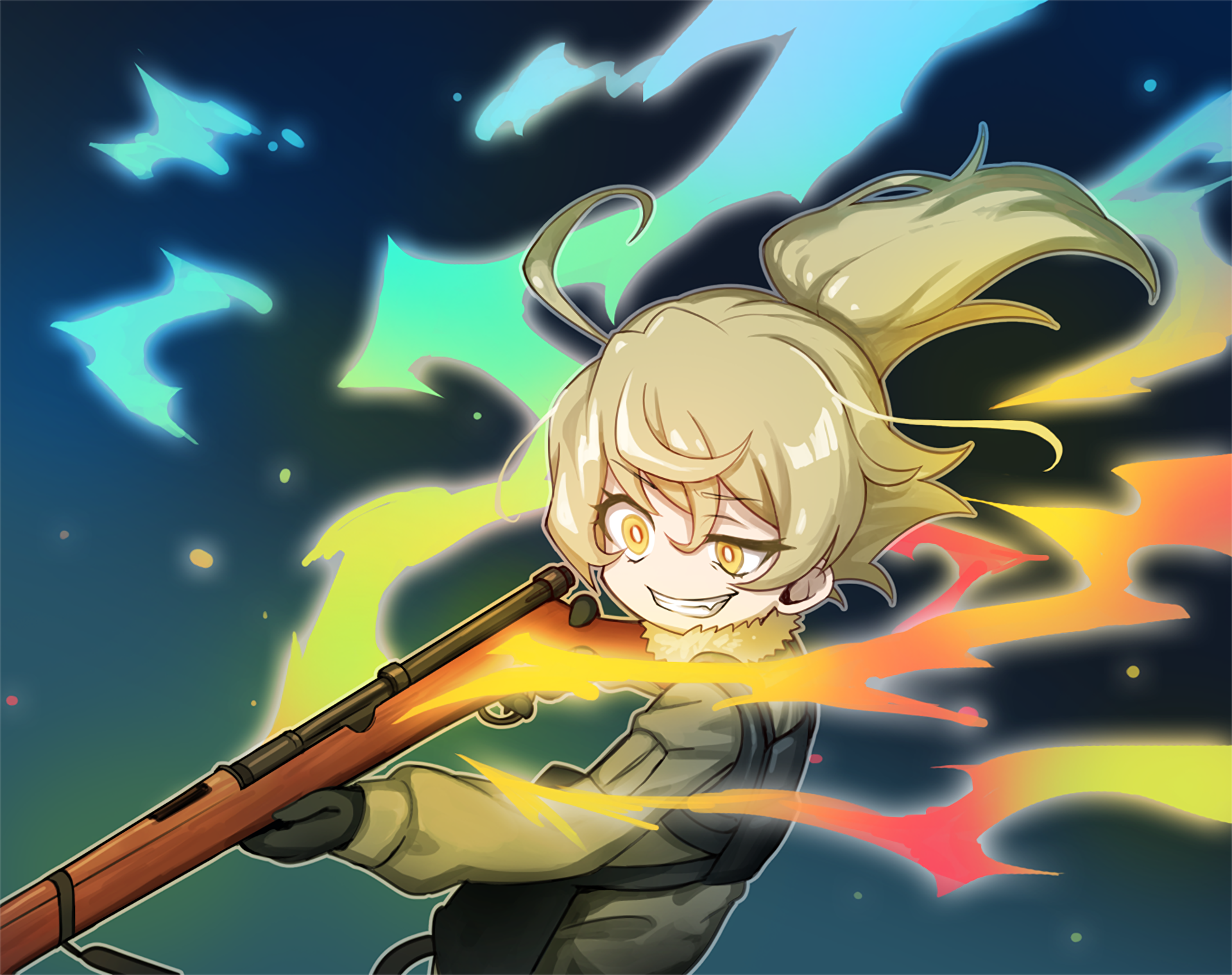HD desktop wallpaper of Tanya Degurechaff from the anime Youjo Senki, featuring a dynamic pose with vibrant colors swirling around her.