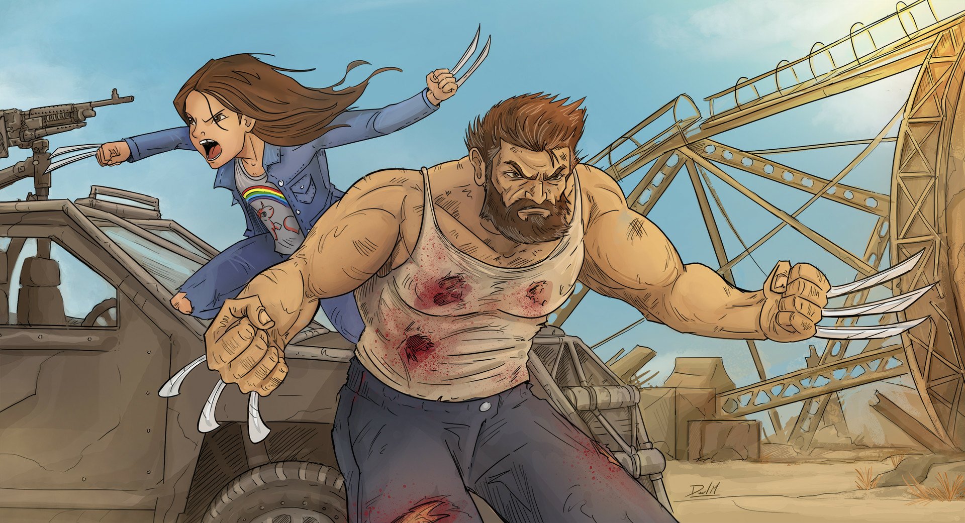 HD desktop wallpaper featuring X-23 and Wolverine from the movie Logan, depicted in an intense battle scene with industrial structures in the background.