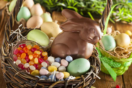 A 4K Ultra HD Easter holiday desktop wallpaper featuring a basket filled with chocolate bunny, colorful eggs, jelly beans, and candy.