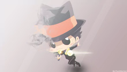 Chibi character from Anime Katekyō Hitman Reborn! with a large hat and sunglasses, shooting a gun. HD desktop wallpaper and background.