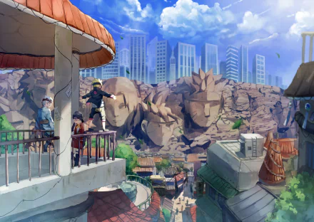 HD wallpaper featuring anime characters Sarada Uchiha, Boruto Uzumaki, and Mitsuki in a vivid cityscape background with modern buildings and mountain carvings.