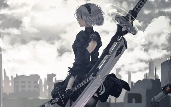 HD wallpaper of YoRHa No.2 Type B from NieR: Automata. She has short white hair, wears a black dress, and holds a large sword against a cloudy, post-apocalyptic background.