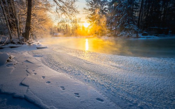 Earth River Snow Sunrise Winter Nature Footprint HD Wallpaper | Background Image