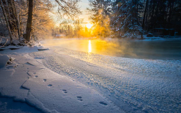 footprint nature winter sunrise snow river HD Desktop Wallpaper | Background Image