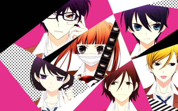 HD desktop wallpaper featuring anime characters Miou Suguri, Yoshito Haruno, Ayumi Kurose, Momo Sakaki, Kanade Yuzuriha, and Nino Arisugawa from Fukumenkei Noise, set against a vibrant pink background.